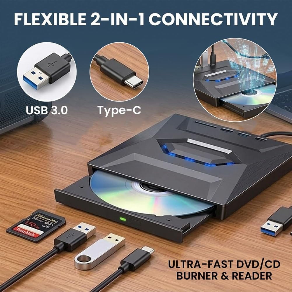 7-in-1 External Blu-ray Drive – USB 3.0 & Type-C, BD/DVD/CD Burner, 3 USB Hub + SD/TF Reader, 6X for Laptop/Desktop(RL Black 1 PC)