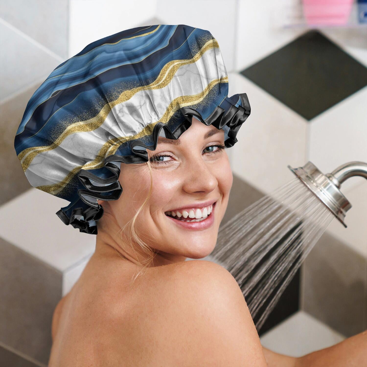 Shower Caps,Blue Gold Wave Marble Pattern Waterproof Shower Cap for Women 4 Pieces,Double Reusable Hair Cover for Shower PEVA Elastic Stretch Hem