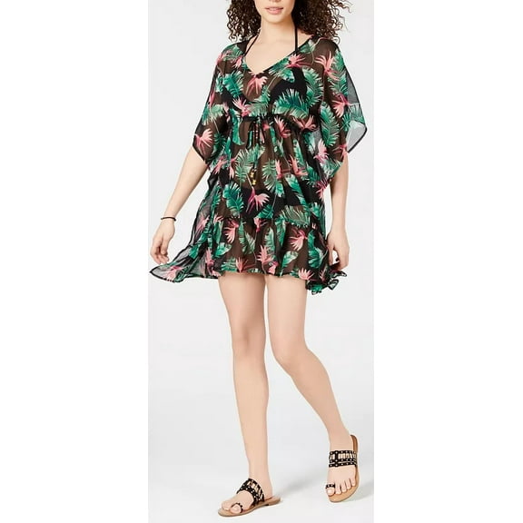 Miken Women's Ruffle Hem Caftan Dress Swim Cover-Up (XS, Black Berry)