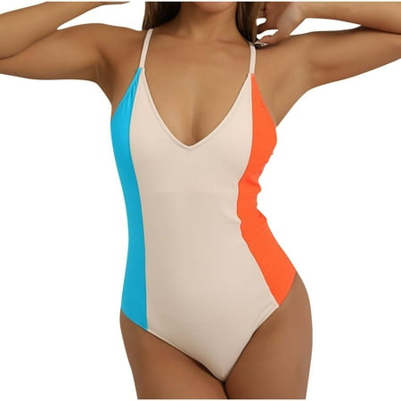 One Piece Swimsuit Women V Neck Low Back Bathing Suit Adjustable Strap Slimming Color Block Modest Swimwear (S  White)