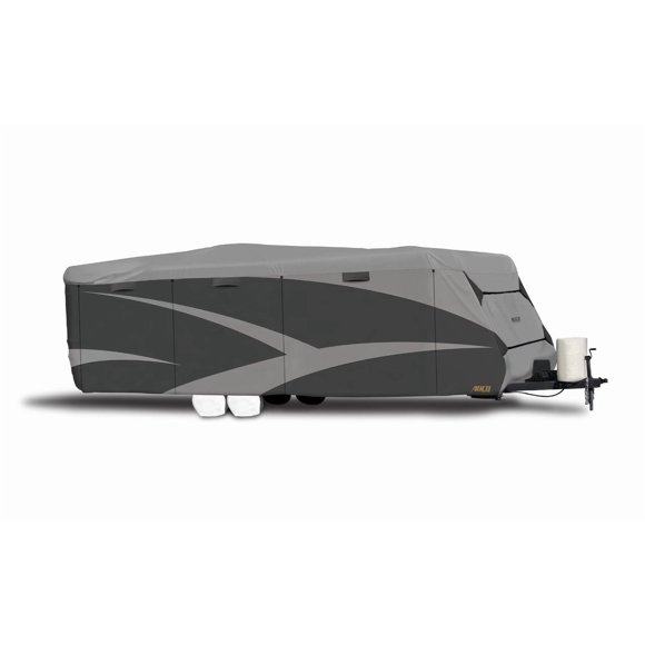 Adco Travel Trailer Cover 52245 Designer SFS Aquashed; For Receiver Hitch Trailer; Moderate Weather Protection; Two-Tone Gray; 3 Layer Fabric Top/3 Layer Polypropylene Sides; Vented