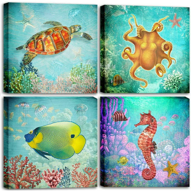 Blue Wall Art Ocean Decor For Bathroom Decorations Sea Turtle Octopus Goldfish Hippocampus Pictures Canvas Print Painting Bedroom 4 Panels 12inchx12inchx4pcs Com - Sea Wall Decor For Bathroom