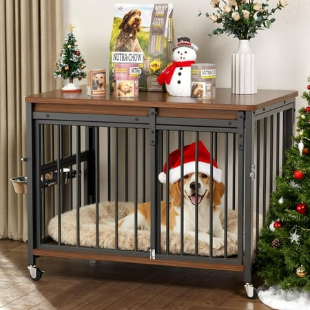 Cofiyard Dog Crate Furniture, 32" Wooden Dog Kennel Indoor with Sliding Front Door, Multi-Side Openings & Feeding Window Pet Cage House, Brown End Table, S