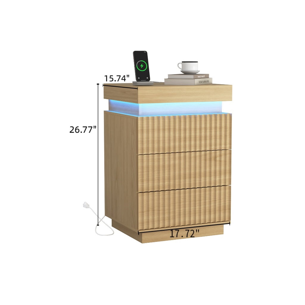 Hommoo Nightstand End Table Set of 2 with Fast USB Charging Station, Modern Wood Storage Sofa Side Table with 2 Drawers and LED lights, for Living Room,Bedroom,Office, Natural