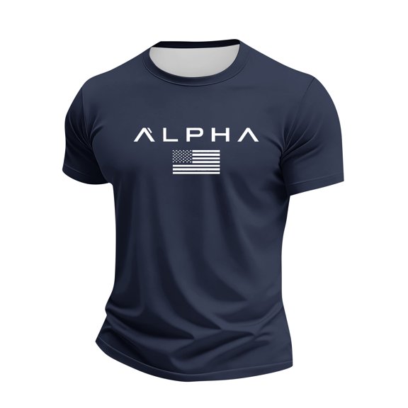 MLQIDK ALPHA Men's Printed Round Neck Short Sleeve Casual Sport Tshirt Lightweight Breathable Fitness Gym Tee for Men Navy 3XL
