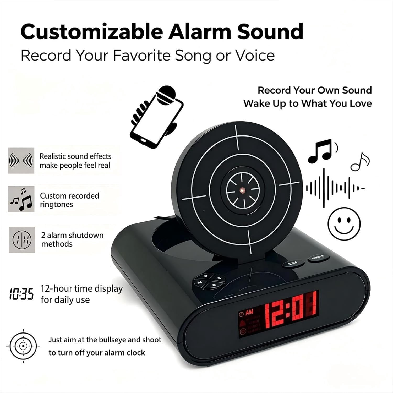 Alarm Clock with Gun, Interactive Shooting Game, Large LED Display, Custom Ringtones & 2 Alarm Modes, Fun Shot Timer Clock for Heavy Sleepers, Bedroom Home Office (#B)