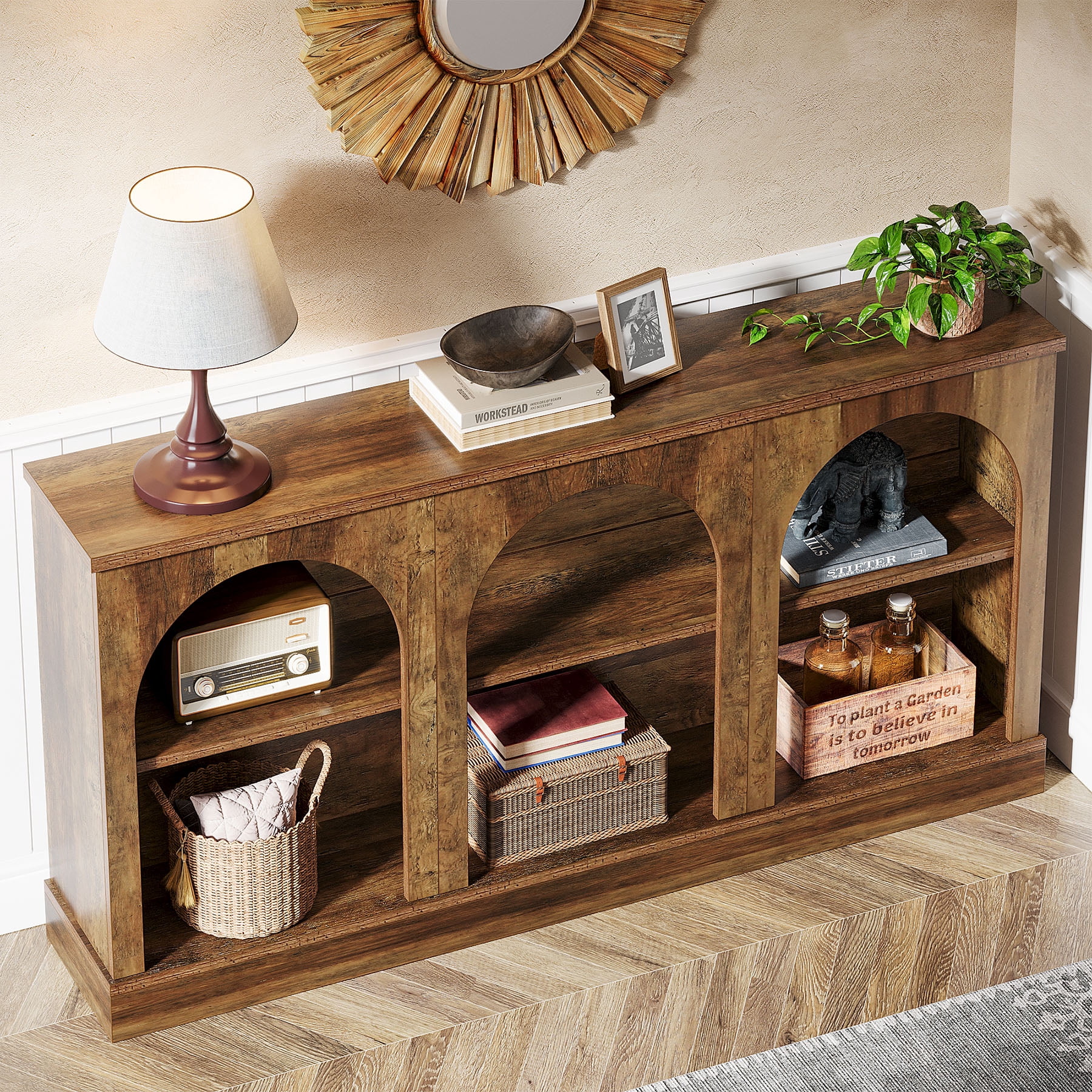 Tribesigns Farmhouse Console Table, 63-inch 3 Tier Entryway Table with Storage, Wooden Sofa Console Behind the Couch for Hallway, Rustic Brown