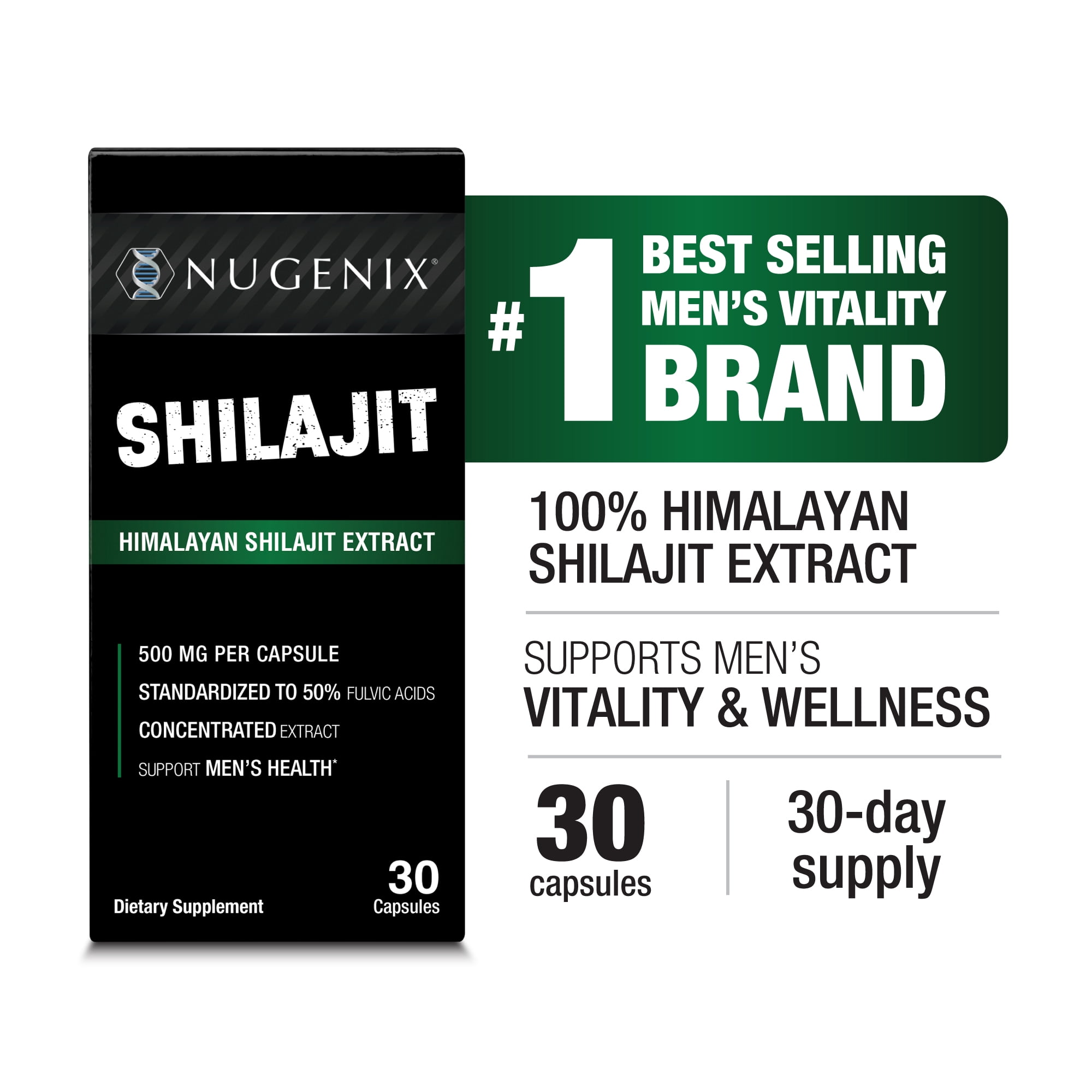 Nugenix® Shilajit 500mg, Himalayan Shilajit Extract for Men's Health, 50% Fulvic Acids, 30 Capsules