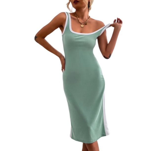 VISgogo Vestido de verano para mujer, patchwork, cuello en U, elástico, ajustado, ceñido al cuerpo, falda ajustada para mujer VISgogo moda