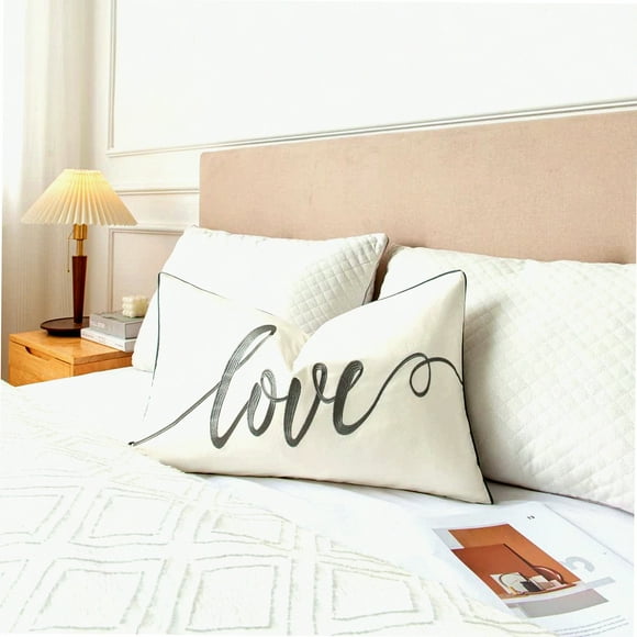 Love Nest Embroidered Lumbar Pillow Cover - Soft Cotton Rectangular Decorative Accent Case for Bed and Bedroom - Grey - 14x24 Inches