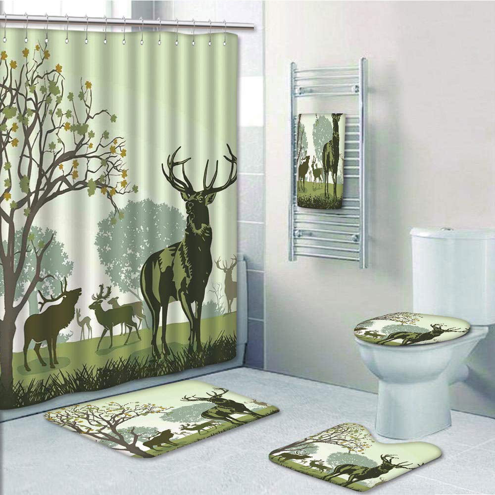 Forest Creek Deer Shower Curtain Lid Toilet Cover Rug Set Bath Mat Pedestal Rug 