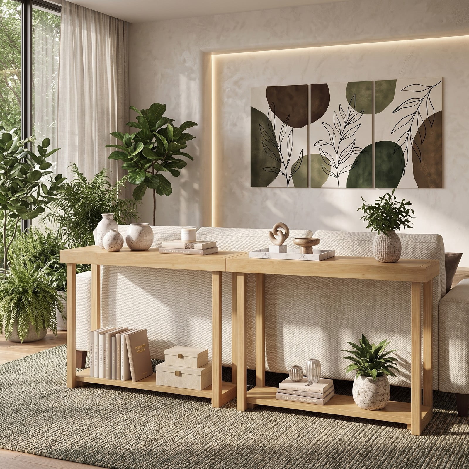 Furnibear 46 Inch Solid Wood Console Table 2-Tier Narrow Farmhouse Sofa Table with Storage Shelf for Living Room, Natural