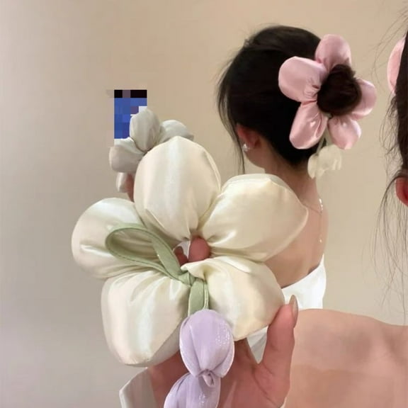 Tulip Flower Hair Tie Ribbon Ponytail Holder Women Girls Hair Accessory 2PC Set Soft Elastic Hair Rope