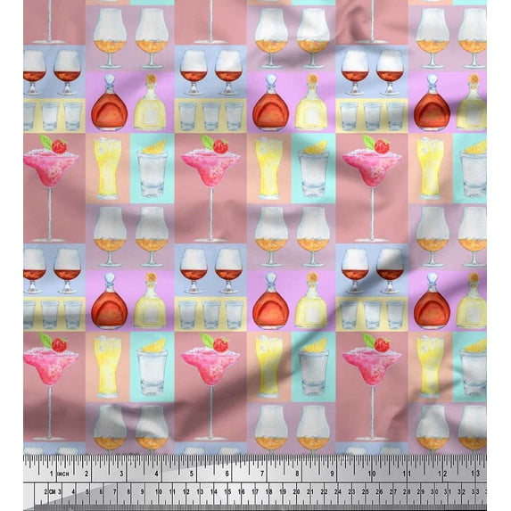 Soimoi Japan Crepe Satin Fabric Bottle,Wine & Shots Bar Print Fabric by The Yard 42 Inch Wide