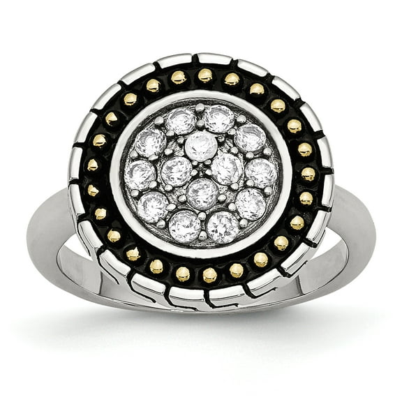 Chisel Stainless Steel CZ with Yellow IP-plated Accent Antiqued Ring