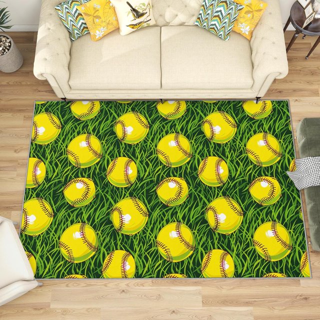 6x9 Rug, Softball Rug Washable Non Slip Soft for Living Room Bedroom, Kids Sports Area Rug, Boys Girls Carpet, Softball Home Decor & Gifts