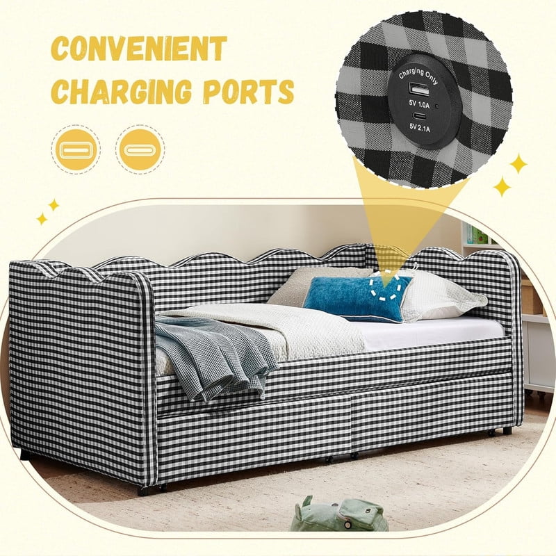 Twin Size Cozy Gingham Daybed with 2 Storage Drawers, Wave Shaped Linen Fabric Sofa Bed with USB Port for Living Room Bedroom