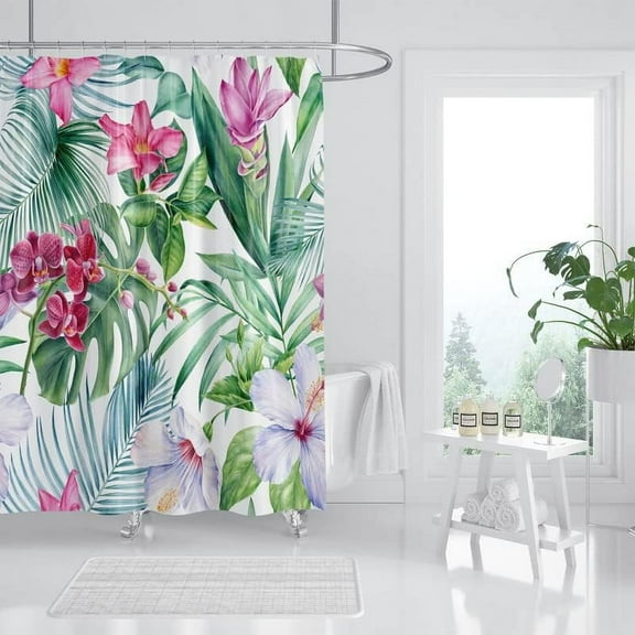 Tropical Plant Shower Curtain, Green Leaf Botanical Shower Curtain Set, Monstera Jungle Shower Curtains for Bathroom, Waterproof Fabric with 12 Hooks, 72 x 72 Inches