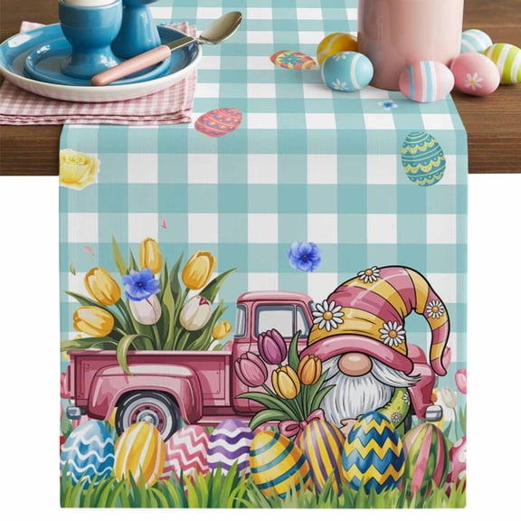 Happy Easter Table Runner, Watercolor Spring Truck Gnome Floral Eggs Green Plaid Cotton Linen Kitchen Table Decoration Washable Dining Tabletop Runners for Home Party Decor 13x36 Inches