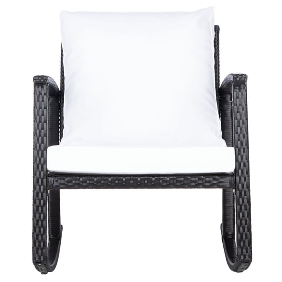 Safavieh Daire PAT Collection Adult Contemporary Solid Print Wicker And Steel Outdoor Patio Weather-Resistant Rocking Chairs with White back pillow and White seat cushion, Black/White