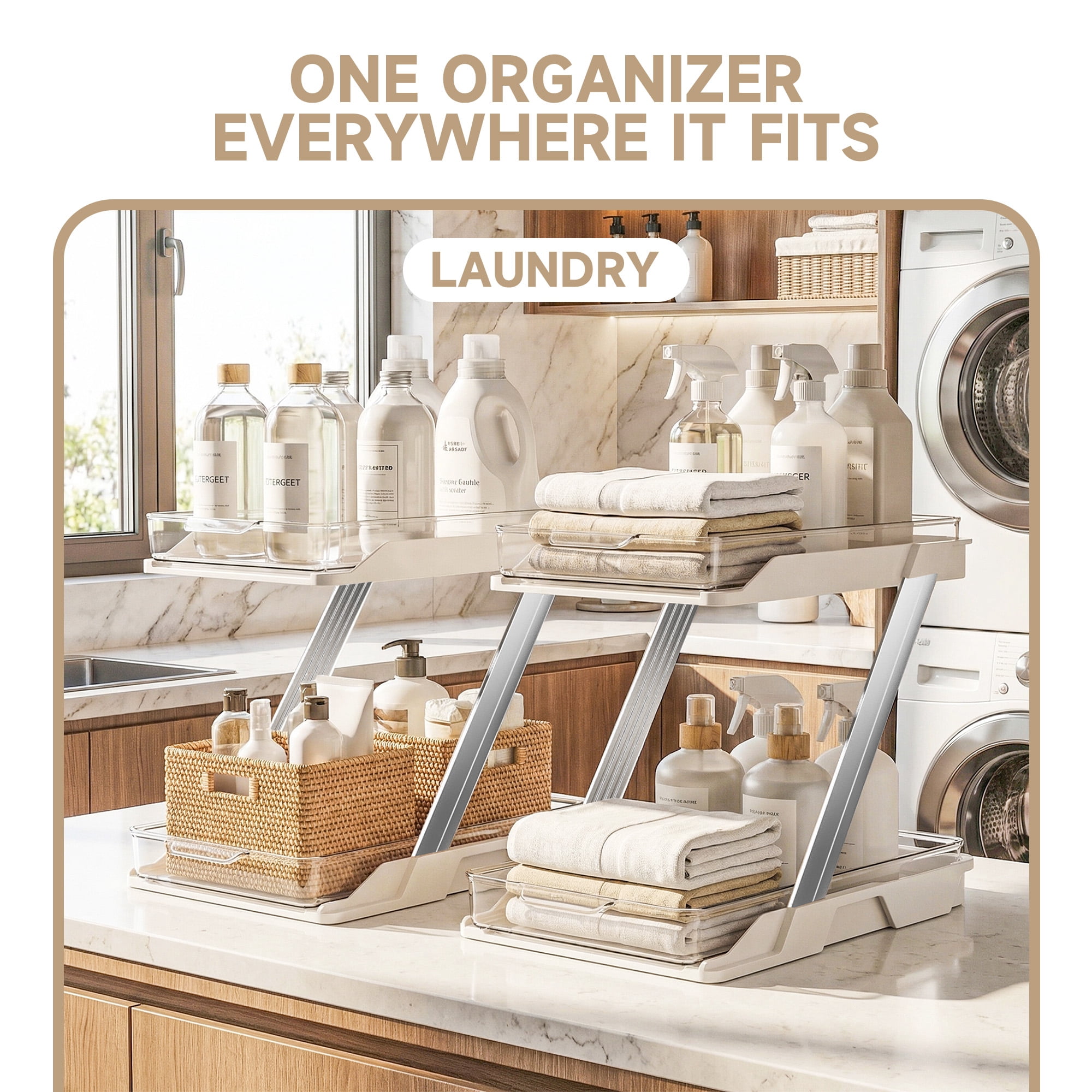 Delamu 2 Pack Under Sinks Organizers and Storage, Multi-Purpose, 2-Tier Clear Pull Out Organization for Bathroom, Kitchen