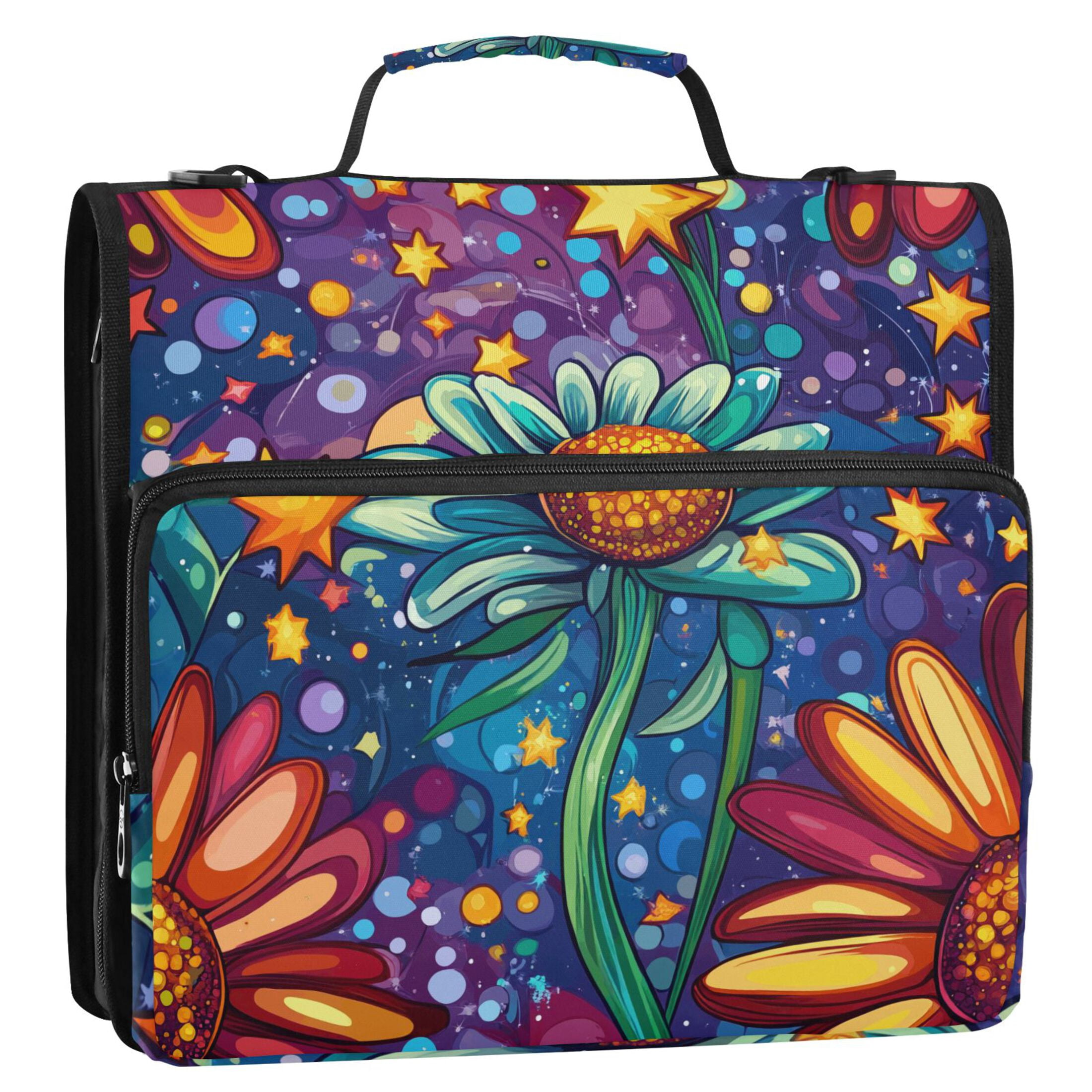 3 Ring Zipper Binder with Shoulder Strap Waterproof Trapper Keeper 2 Inch D-Ring 500 Sheets Capacity Cartoon Flower and Star