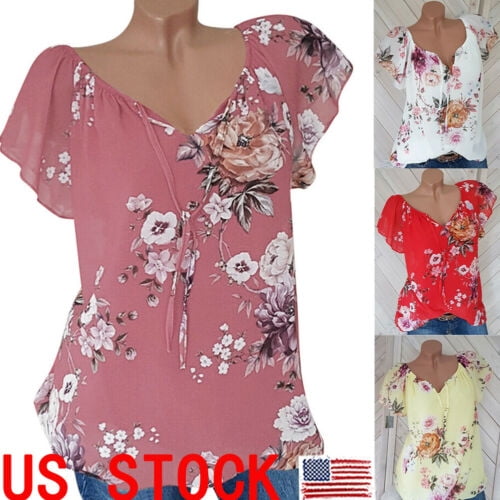 Pudcoco Summer Womens Casual Tops Blouse Short Sleeve V Neck Floral T ...