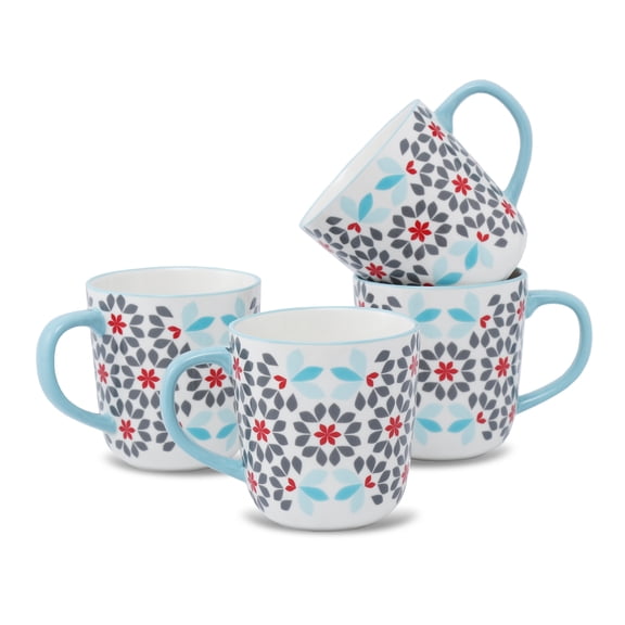Floral Coffee Mugs with Blue Handle, Gray and Red Flower Pattern, Bone China Tea Cups, Set of 4