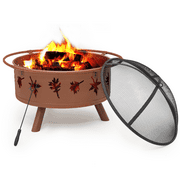 MoNiBloom 32" Round Outdoor Fire Pit, Wood Burning Table Top Fire Bowl Pit Fireplace with Log Grate, Poker & Spark Screen for Patio Backyard, Brown
