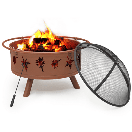 MoNiBloom 32" Round Outdoor Fire Pit, Wood Burning Table Top Fire Bowl Pit Fireplace with Log Grate, Poker & Spark Screen for Patio Backyard, Brown