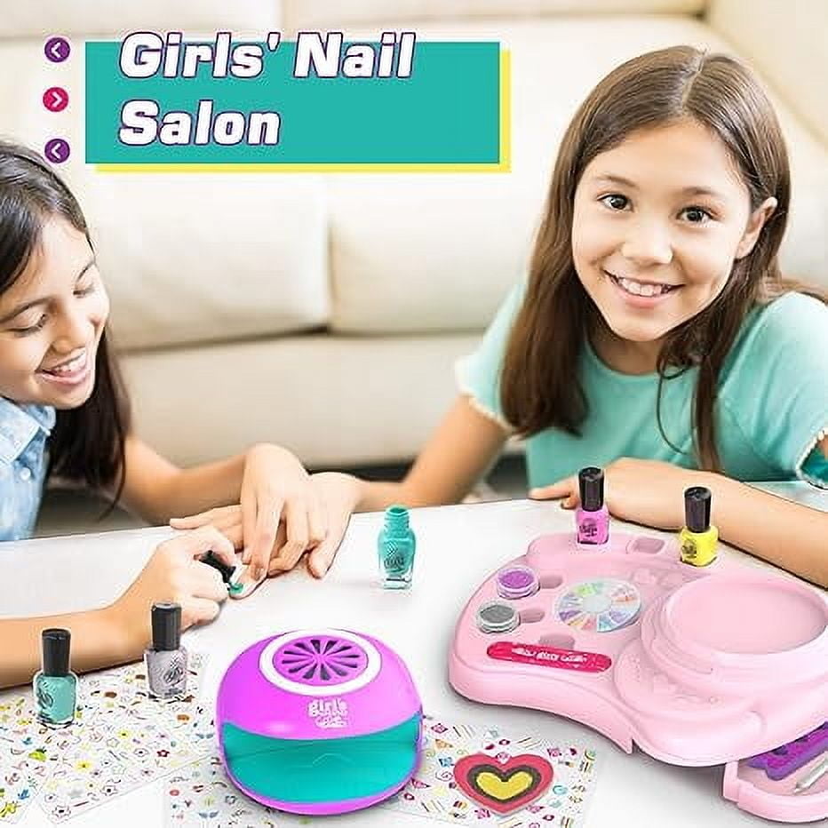 Nail Polish Kit for Girl Ages 6-12, Kids Nail Art Salon Set with Nail Dryer, Peelable Glitter Nail Polish, Storage Desk, Gifts for Birthday Spa Party Favors