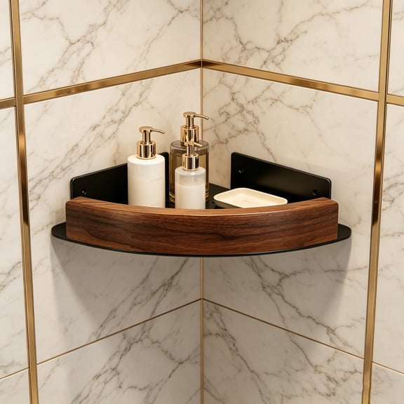 Japceit Walnut Corner Shelf No Drill Triangle Shower Caddy Wall Mount Solid Wood Storage Rack With Strong Adhesive For Bathroom Organizer