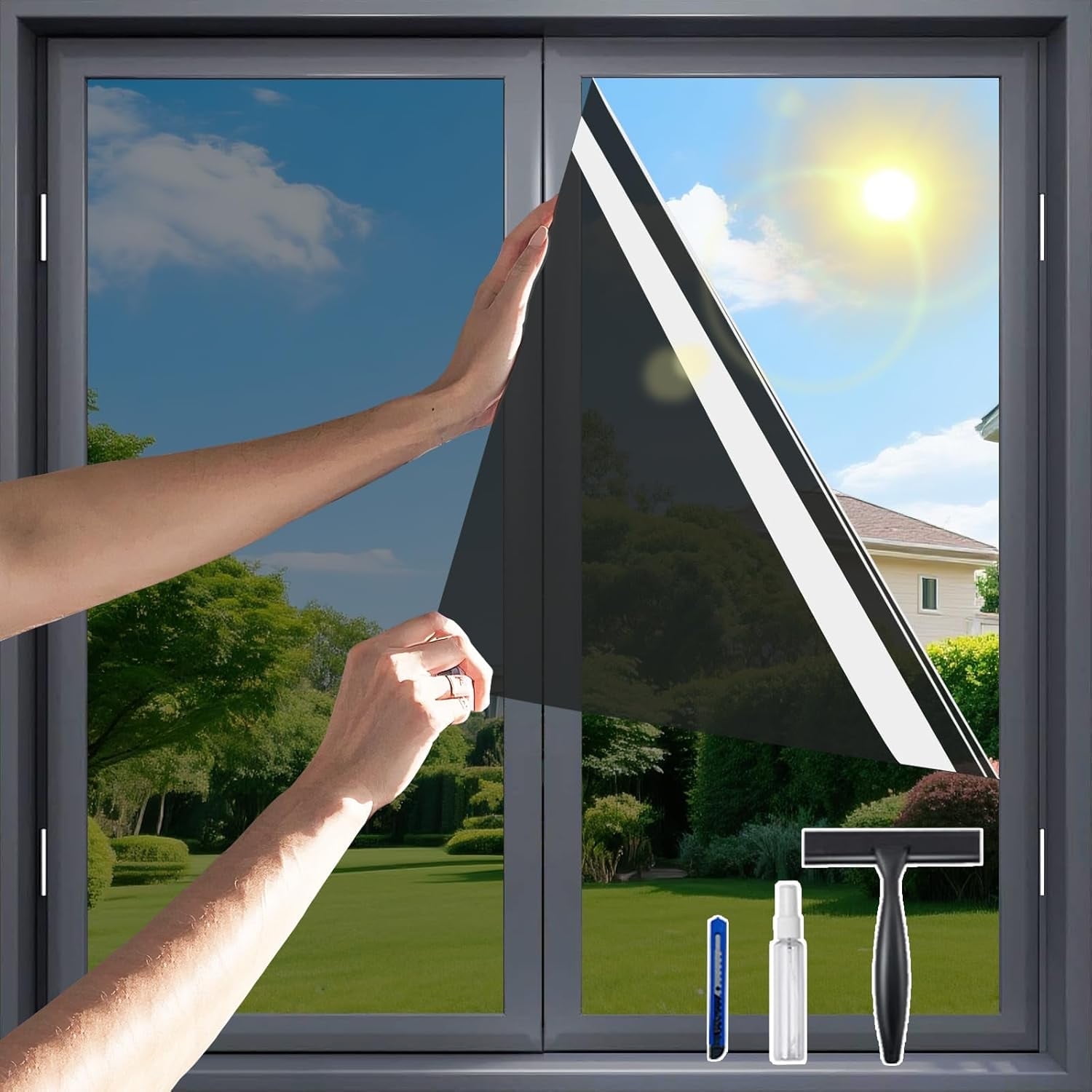 One Way Privacy Window Film, Nocturnal Black 17.5" x 78.7" , Daytime Privacy, Heat Control & 99% UV Blocking , Reflective Window Tint for Home Office , Includes 3 Application Tools