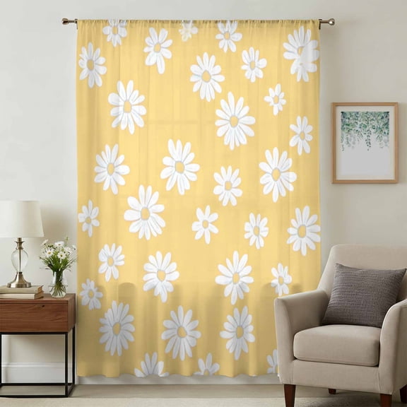 White Yellow Daisy Sheer Curtains 63 Inches Long, Spring Summer Floral Botanical Light Filering Curtains, Breathable Simi Curtain Privacy Drapes for Living Room Bedroom Lightweight Window Treatment