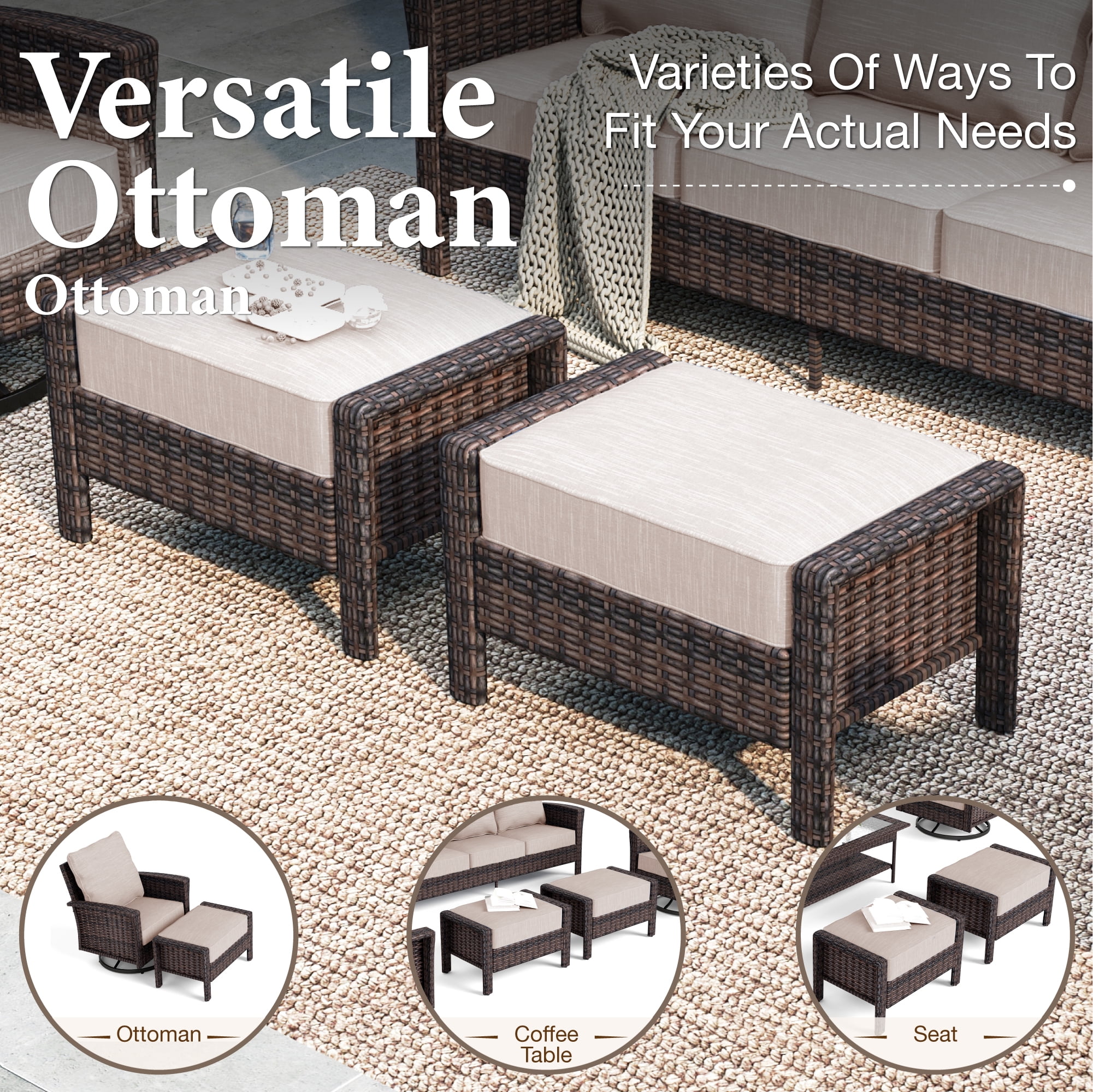 SUMMIT LIVING 7-Seat Wicker Patio Furniture Set with 2 Swivel Chairs & 3-Seat Sofa with 2 Ottoman, Outdoor Sectional Conversation Set for Garden, Beige