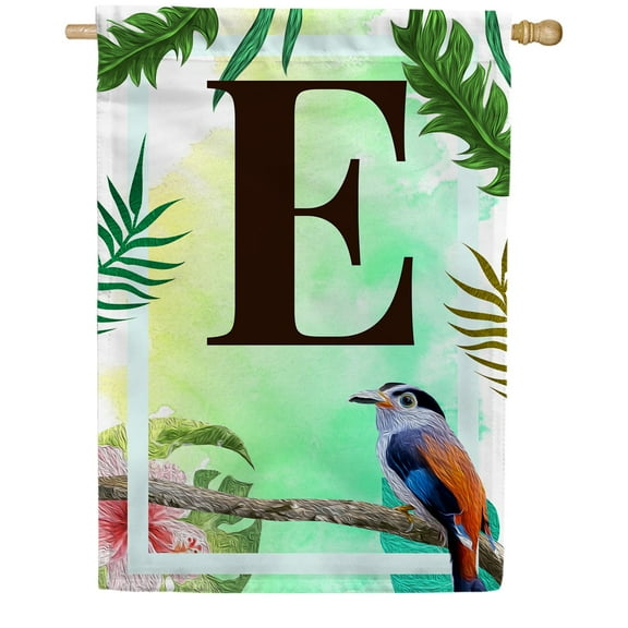 America Forever Tropical Bird Summer Monogram House Flag Letter E 28 x 40 inches Parrot Toucan Palm Leaves Double Sided Vertical Outdoor Yard Lawn Decorative Exotic House Flag
