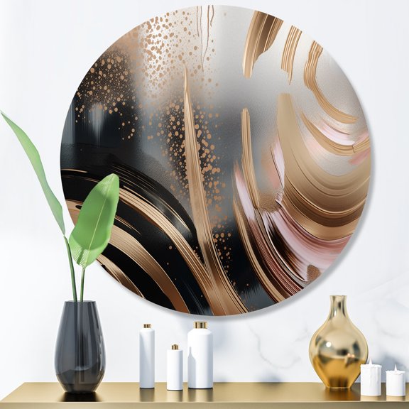 Designart "Vibrant Swirls Gold and Pink III" Abstract Marble Round Metal Art