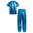 thumbnail image 2 of Sholeno Modern Jazz Hip Hop Dance Outfit for Kids Boys Girls Shiny Metallic Short Sleeve T-Shirts with Pants Set Light Blue 7-8, 2 of 7