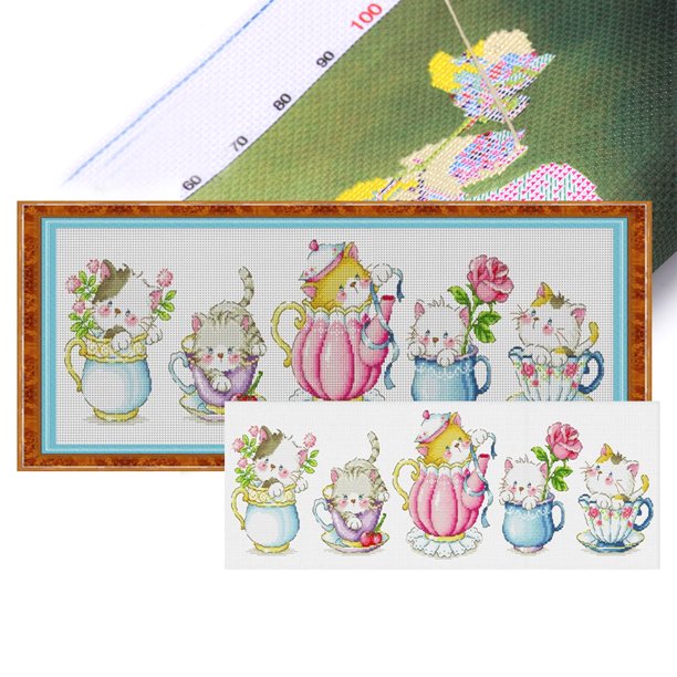 Kit Punto Cruz Con Gato Hilo Algodón Ecológico Bordado Parcial 11CT 80x30cm