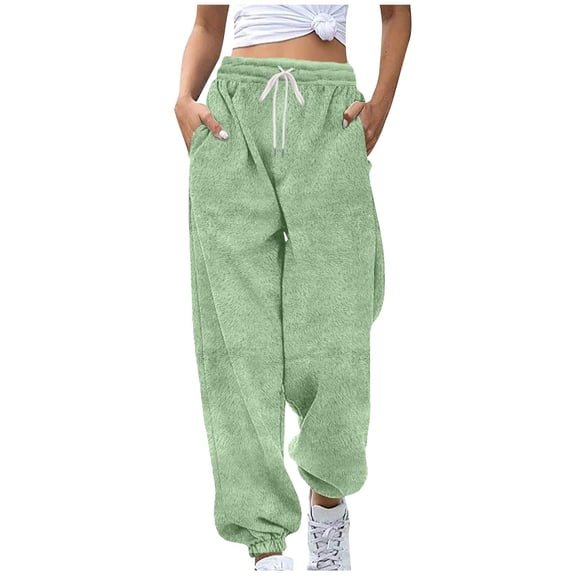 Fleece Sweatpants for Women Fuzzy Plush High Waisted Teddy Furry Trouser Winter Warm Cinch Joggers with Pockets
