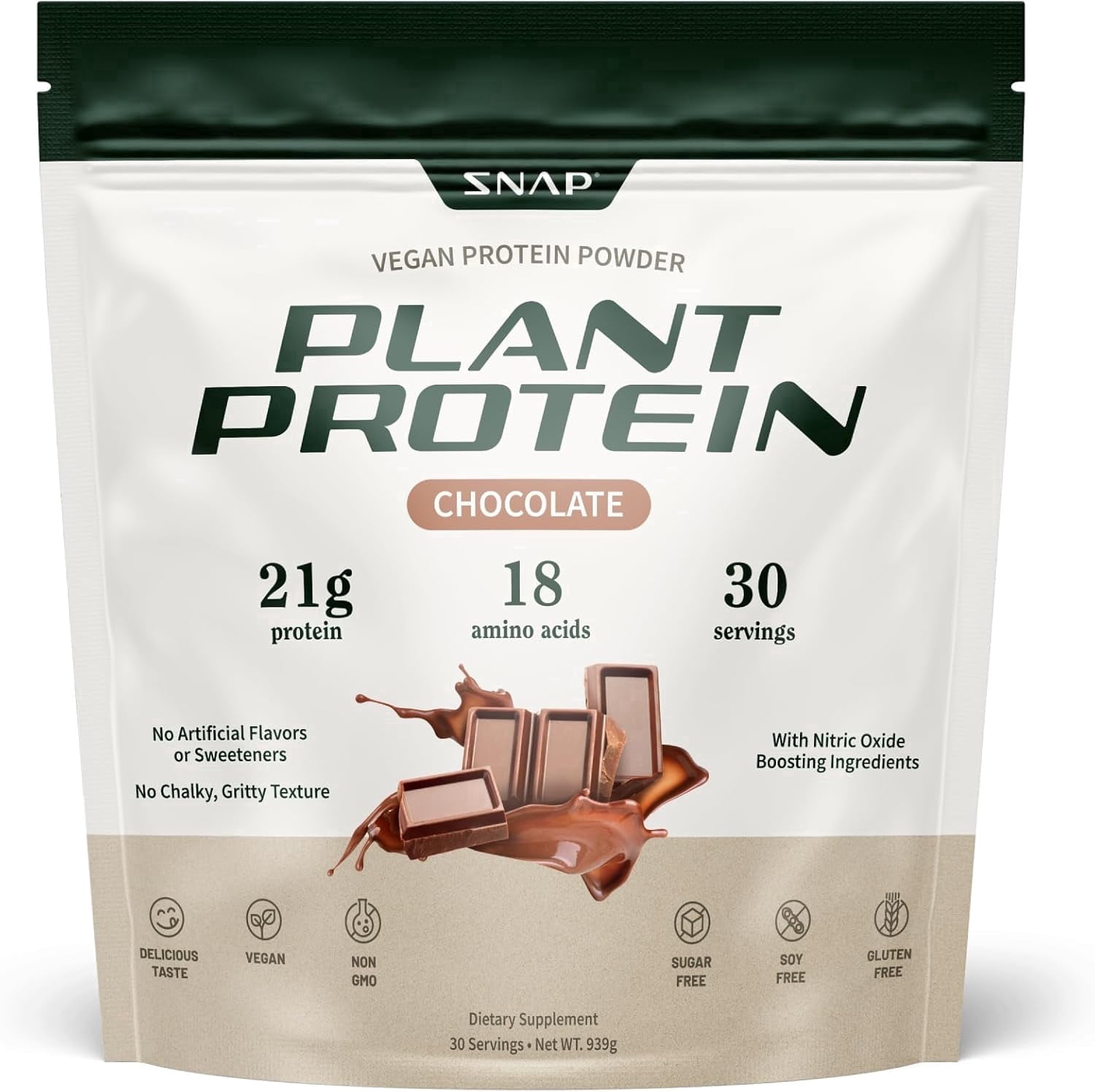 Snap Vegan 21g Protein Powder, Plant Based, Chocolate 30 Servings