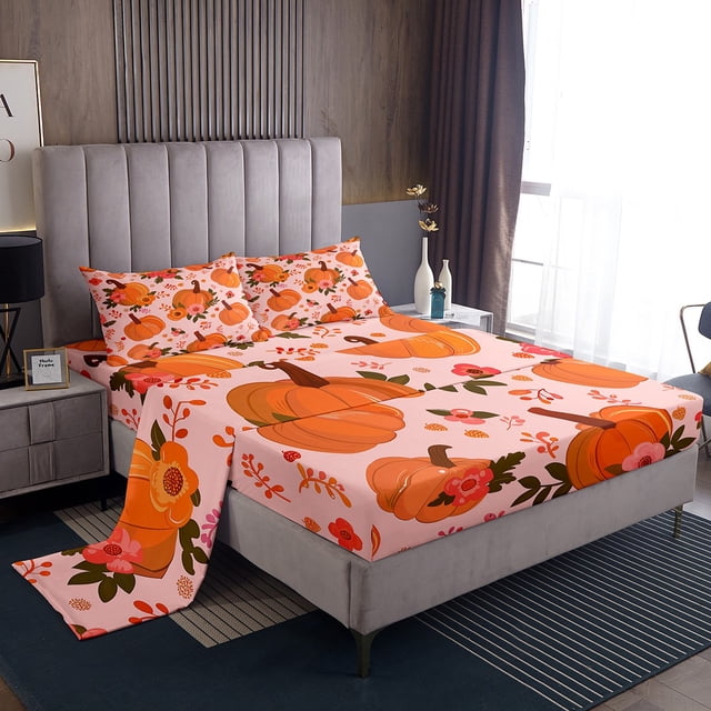 YST Draps d'Automne Citrouille pour Lit Double pour Enfants Filles Femmes, Ensemble de Draps d'Action de Grâce Récolte Automne Mignon Floral Botanique Draps Rustique Pastoral 1 Drap-Housse 1 Drap Plat 2 Taies d'Oreiller