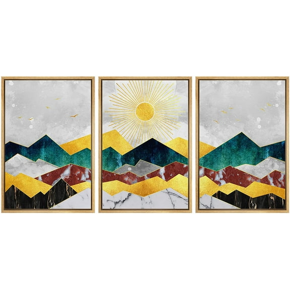 wall26 Framed Wall Art Print Set Shining Sun Over Green and Yellow Mountains Nature Wilderness Illustrations Modern Art Rustic Colorful Multicolor for Living Room, Bedroom, Office - 24"x36"