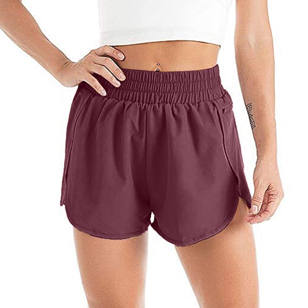 Hukapapa Pantalones cortos para correr para mujer con bolsillos, cintura elástica, pantalones deportivos sueltos, pantalones cortos deportivos de cintura alta, pantalones cortos deportivos,claret,,