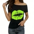 thumbnail image 1 of Women's Party Tops Off Shoulder Short Sleeve Stretch Knit Lip Print Shirt, 1 of 9