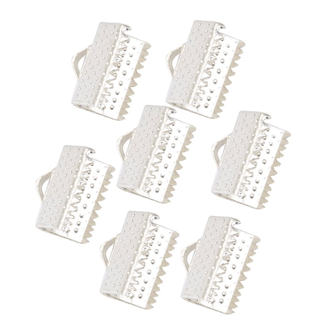 100PCS 2CM Plated Ribbon Ends Metal Fastener Clasps Textured Crimp End Clamps Cord Ends Buckles Zipper Clips DIY Jewelry Accessories (Silver)