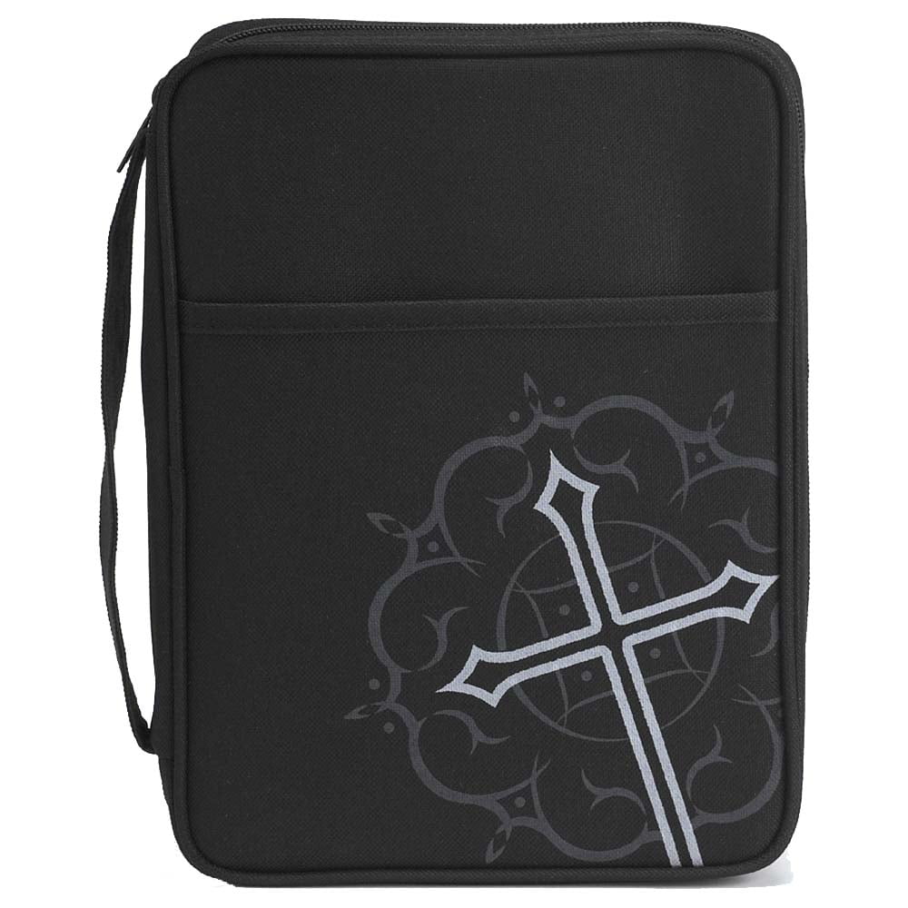 Black Medallion Cross and Pocket Nylon Bible Cover with Handle Large