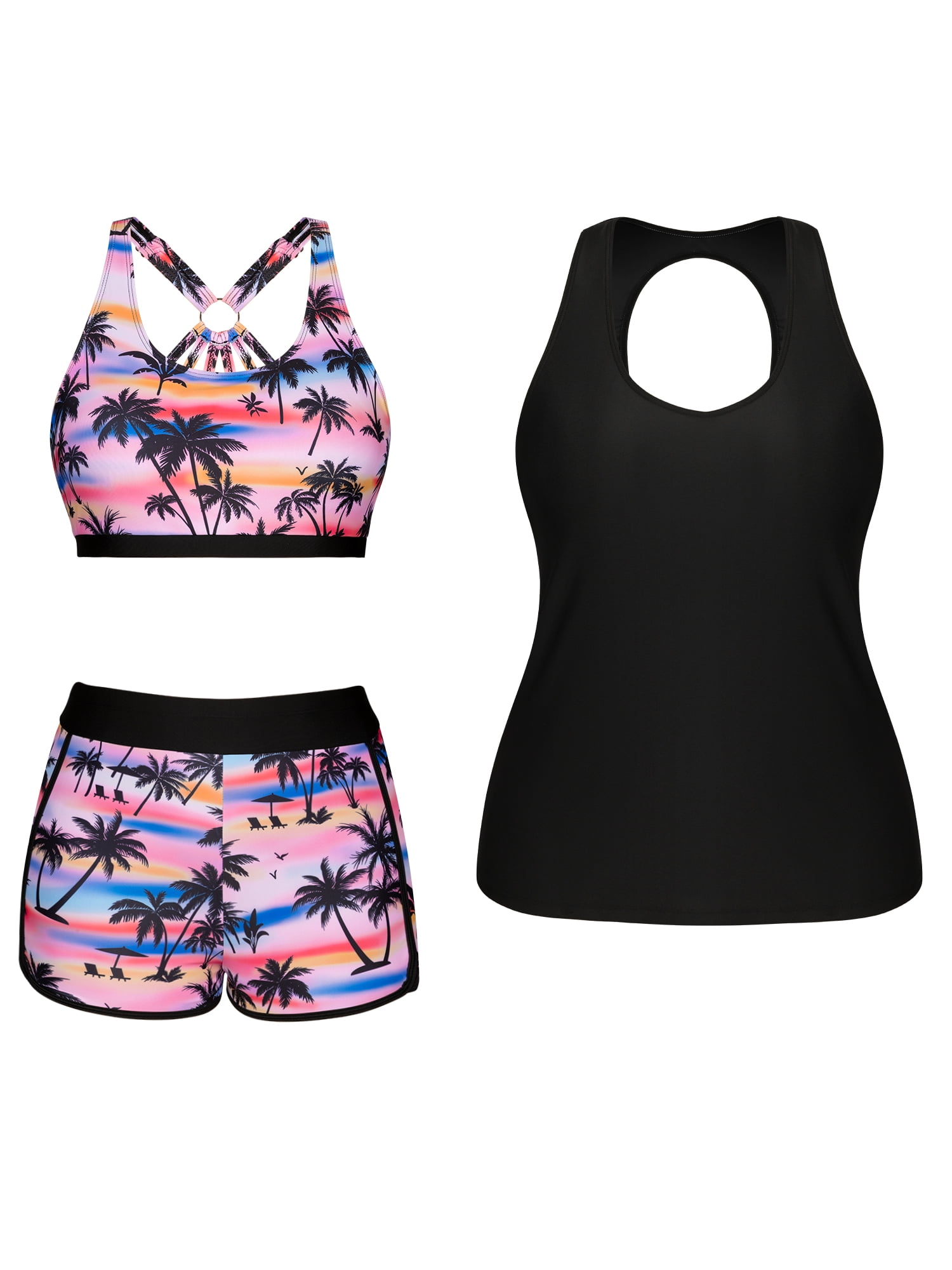 Womens Plus Size 3 Pieces Tribal Print Tankini Swimsuits with Boyshorts Athletic Bathing Suits