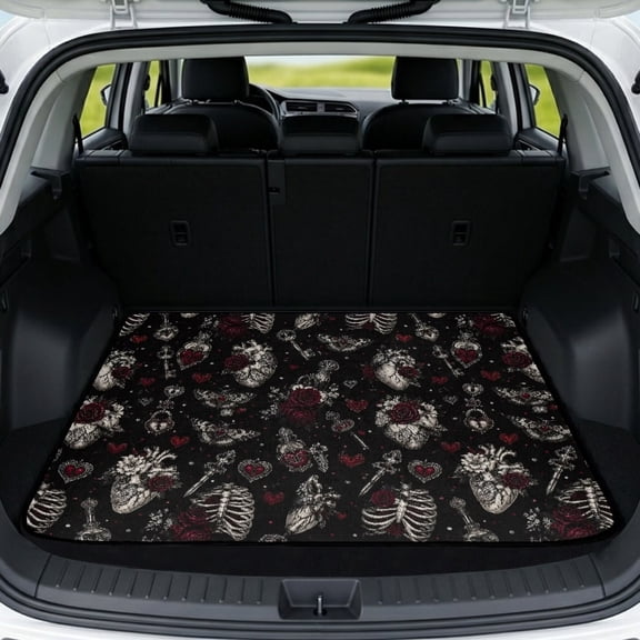 FOR U DESIGNS Skeleton Rose Heart Print Car Trunk Mat Cargo Liner Halloween Decoration Non-Slip All Weather Durable Rear Trunk Protection for Most Vehicles