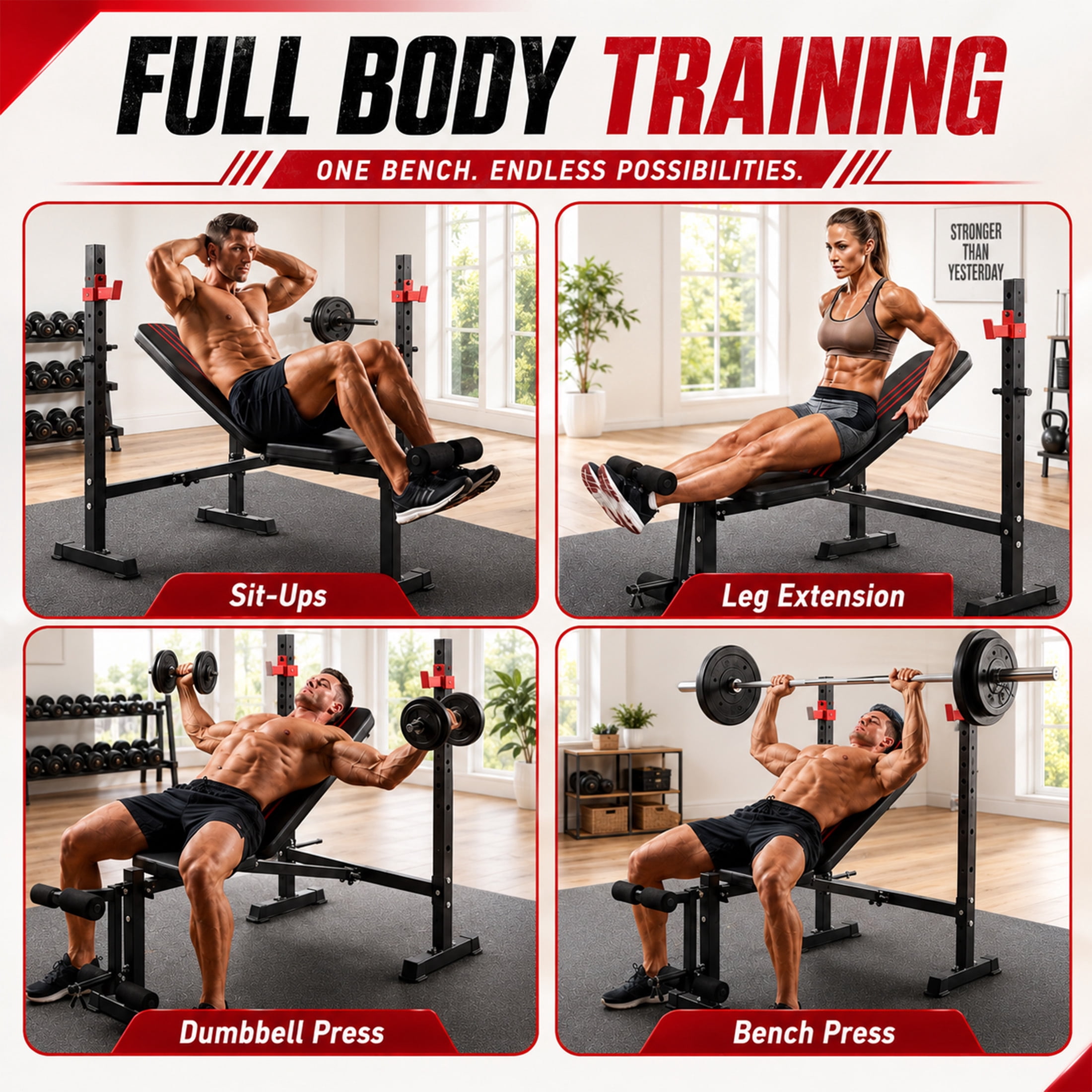 SHOUFTW Foldable Adjustable Weight Bench Set with Leg Developer, 650 lbs Heavy-Duty Bench Press for Home Gym Strength Training, Space-Saving Workout Equipment for Small Apartments, Black